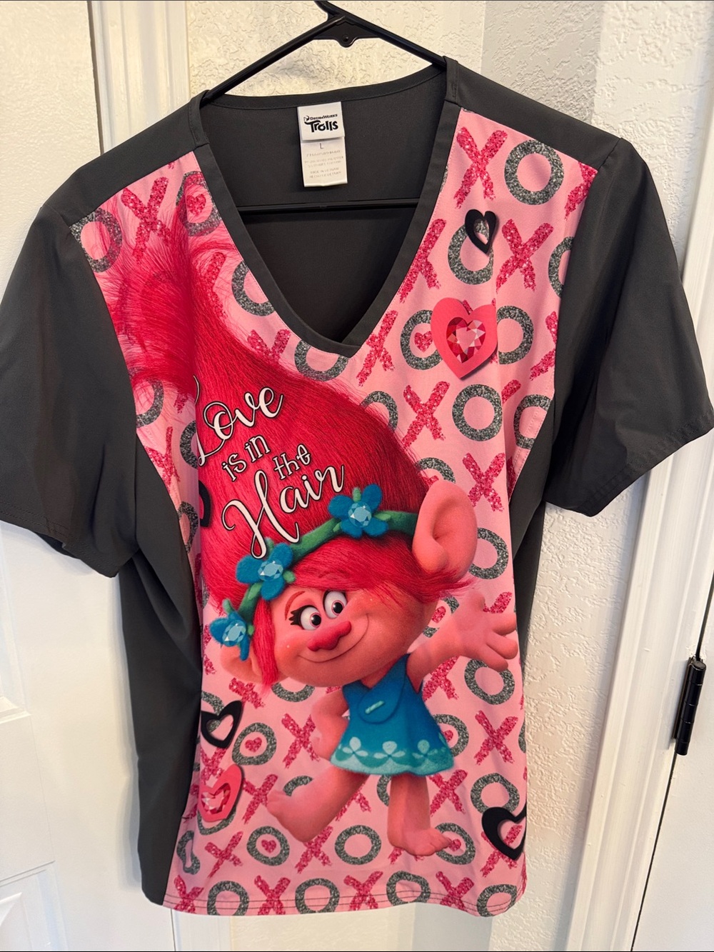 Trolls Poppy V-Neck Tee in Pink & Black with Graphic